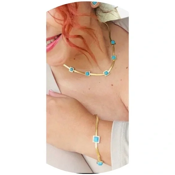 18K Gold Plated herringbone Turquoise Necklace Set Stainless Steel jewelry - Picture 2 of 9